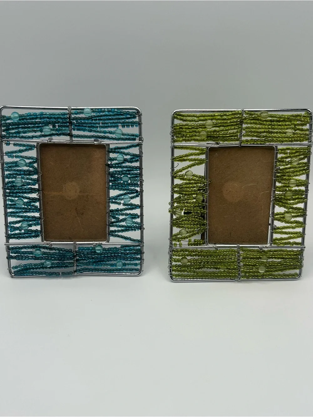 Vintage 90s Pier 1 Beaded Wire Photo Frames Set of 2 - Green /Teal Boho Eclectic